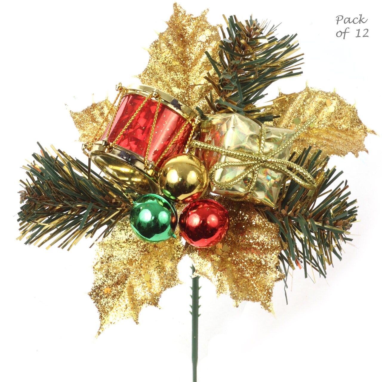 Set of 12: Holly Pine Picks with Gift Box, Ornament Balls, & Drum | Festive Holiday Decor | Trees, Wreaths, & Garlands | Christmas Picks | Home & Office Decor - 2024 Christmas Collection, Floral Home by Artificial Flowers